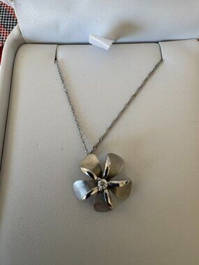 Na Hoku Plumeria Pendant with Center Diamond, 15mm with chain, 14K White Gold
